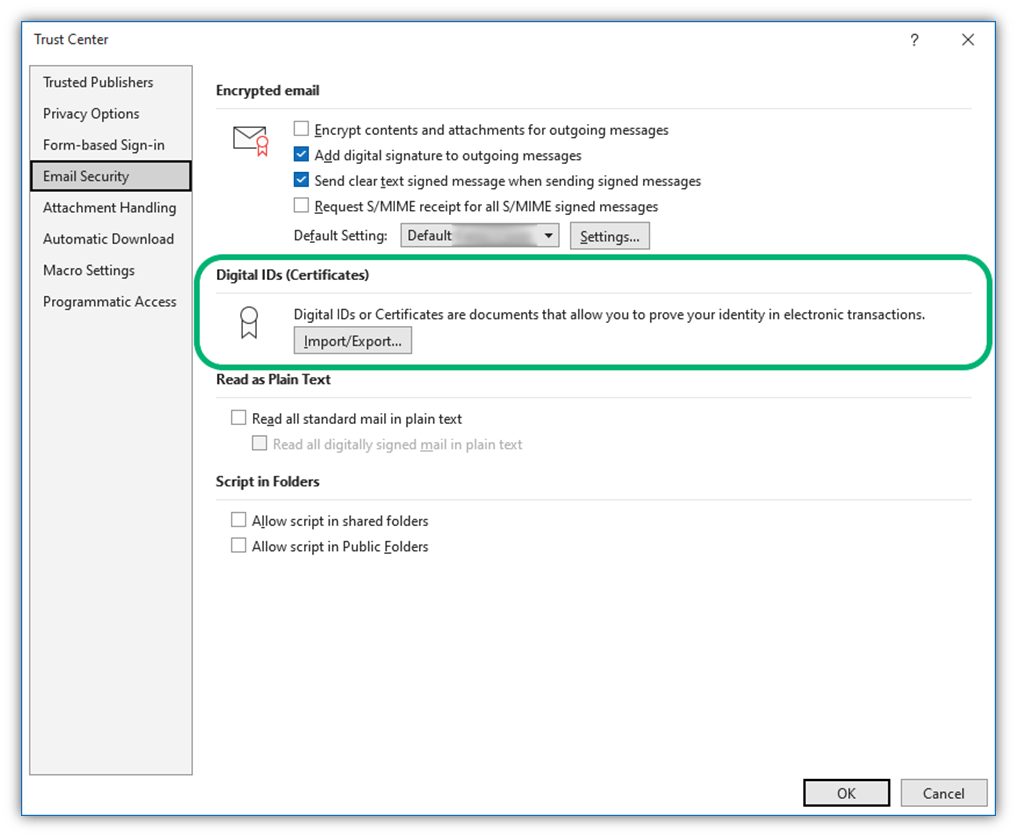 A screenshot of where you can add a digital ID in Outlook using the Trust Center Email Security menu