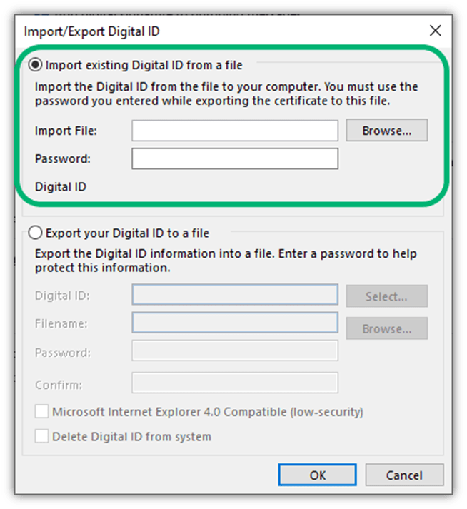 How to digitally sign an email in Outlook graphic: A screenshot of the Import/Export Digital ID window in Outlook