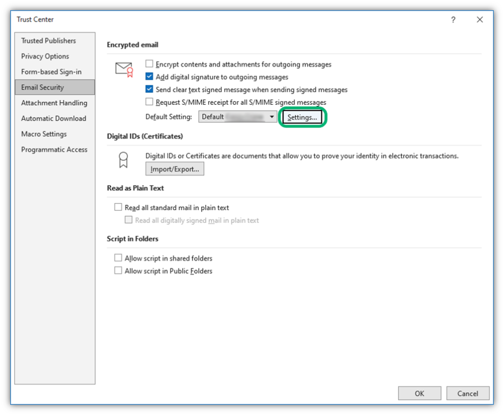 A screenshot of where you can select a digital ID in Outlook from the list of certificates installed in your device's Trust Store.