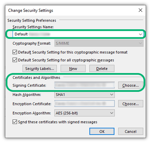 This Change Security Settings window enables you to select the signing certificate you wish to use from your device's Trust Store. 