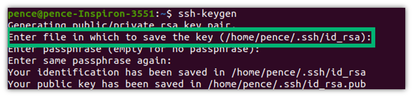 A screenshot of the commandline tool that shows an example of where SSH keys can be generated in Linux