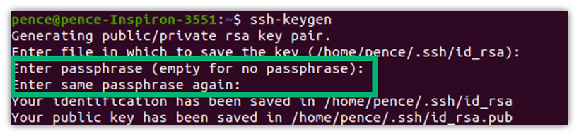 A screenshot of the passphrase prompt when setting up passwordless SSH in Linux