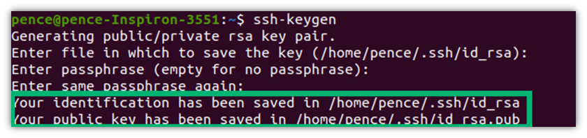 A screenshot that shows the resulting SSH public key generation confirmation