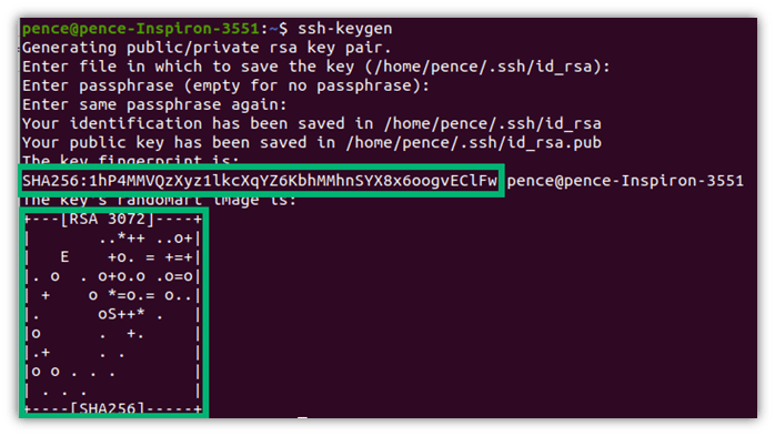 A screenshot of an example SSH key's fingerprint that can be used for passwordless SSH in Linux