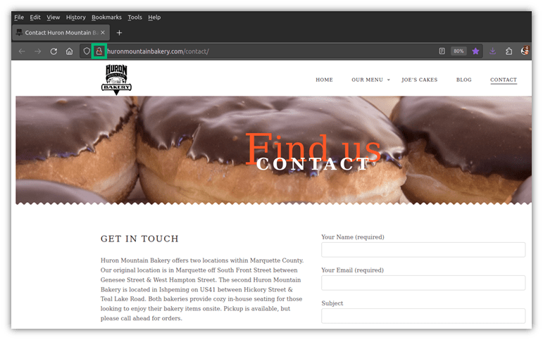 An example screenshot of a bakery's website that's using an insecur conneciton because it lacks a valid SSL/TLS certificate and, therefore, can't enable support for the secure TLS protocol.