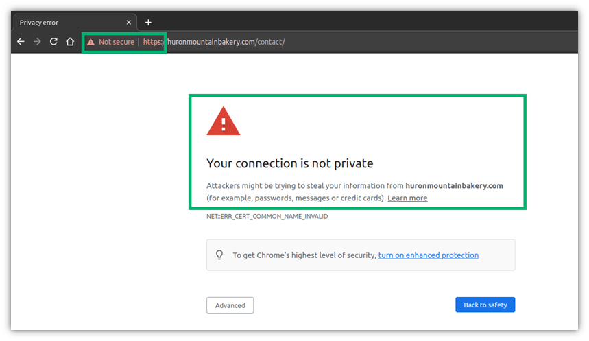 An example screenshot of an error displaying on a bakery's website due to an issue with its SSL/TLS certificate, which prevents enablement of the secure TLS protocol.