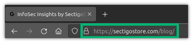 TLS protocol usage example graphic: A screenshot of the Firefox web address bar showing the HTTPS in the SectigoStore.com URL. 
