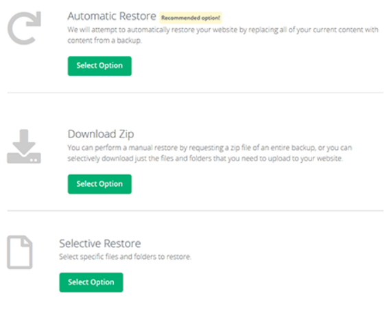 A screenshot from the SiteLock dashboard that showcases the restoration options