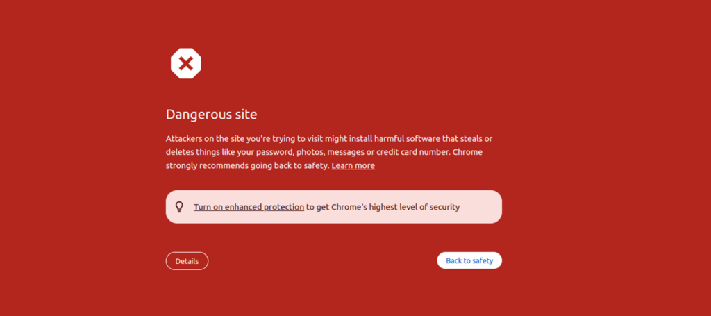 A screenshot from Google Chrome that shows the "dangerous site" red warning screen.