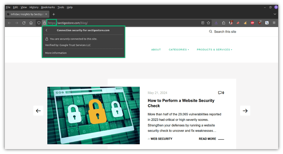 A screenshot from SectigoStore.com that shows the website is secured using an SSL/TLS certificate