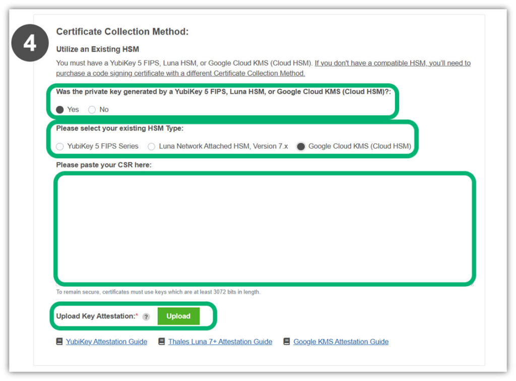 A screenshot of the step in the certificate generation process where you make your specifications regarding the use of the Google Cloud KMS