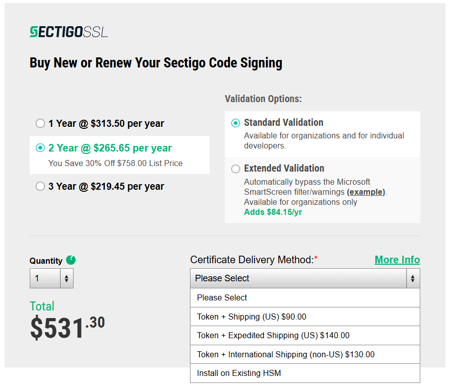 A screenshot showing where to select an existing HSM when purchasing a code signing certificate from SectigoStore.com