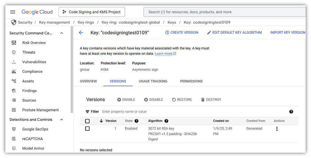 A screenshot of a code signing certificate test key in Google Cloud KMS that was generated using a secure cloud HSM