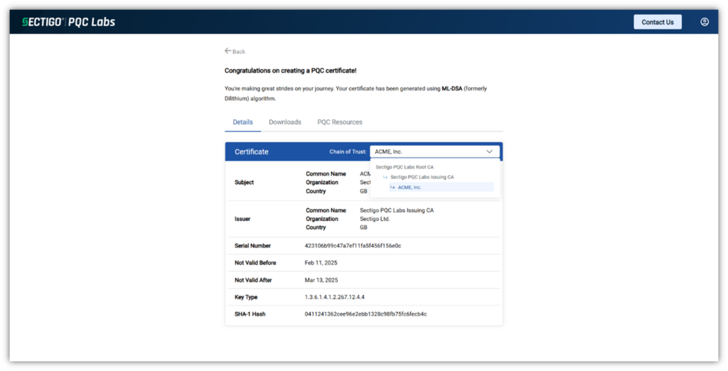 A screenshot from Sectigo PQC Labs that shows what it looks like when you generate a test certificate