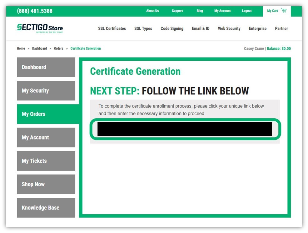 A screenshot from the My Orders tab on SectigoStore.com that shows where to find the Certificate Generation link