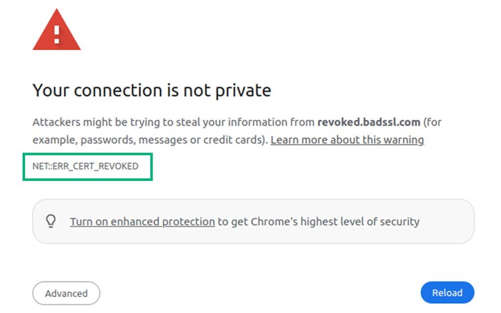 An example error communicating that an SSL/TLS certificate has been revoked, captured on the site badssl.com