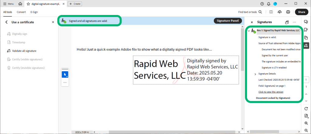 An example of a digitally signed PDF that demonstrates what a document signing certificate does