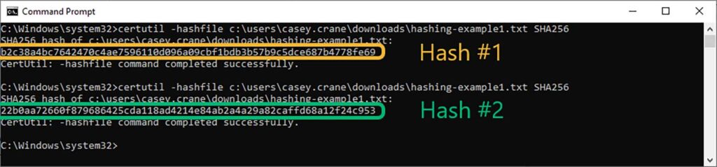 A comparison that shows what happens when you alter a document that was digitally signed (i.e., the file's hash value changes entirely)