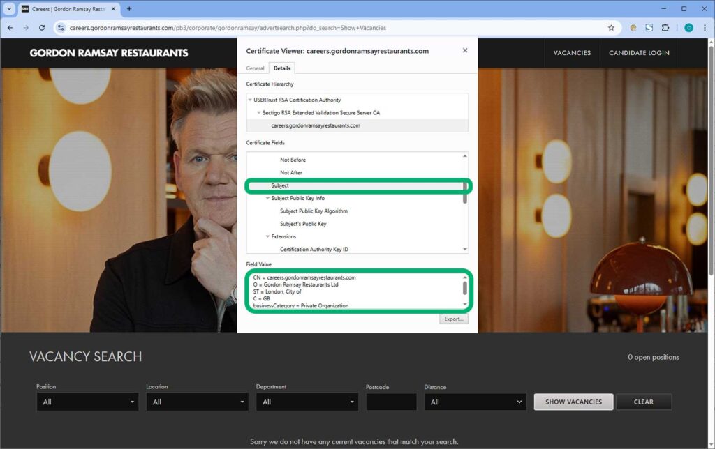 An example of what a Sectigo SSL/TLS certificate shows about an organization's validated details.