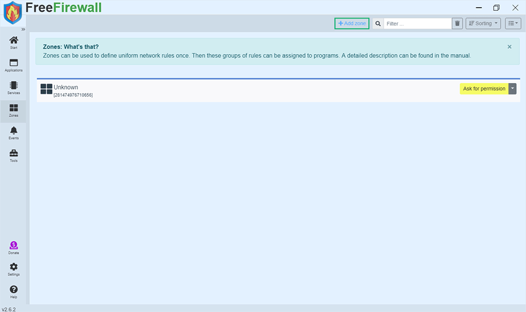 An example of where to add a zone in FreeFirewall