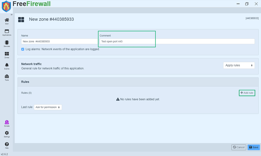 An example showing where to add a comment about port 443 in FreeFirewall