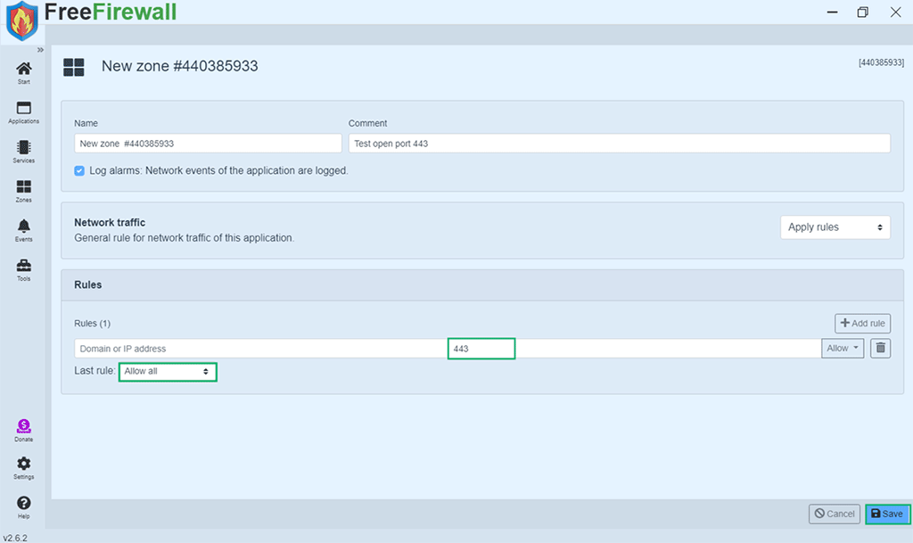 An example showing how to open 443 port in FreeFirewall for Windows