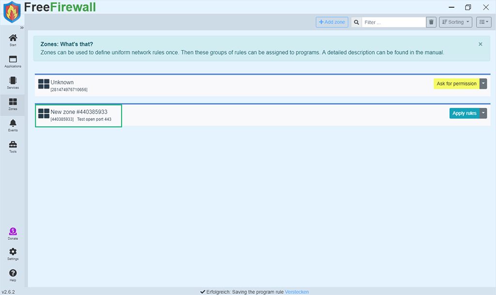 An example in FreeFirewall showing that the rule has been saved that opens port 443
