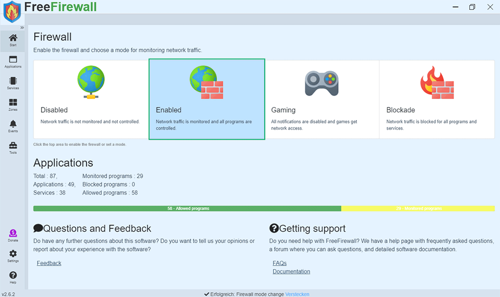 An example showing that FreeFirewall is now enabled in Windows after the rule has been set that opens port 443