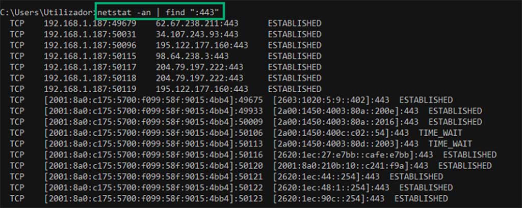 An example demonstrating how to run the netstat command to check whether port 443 is open