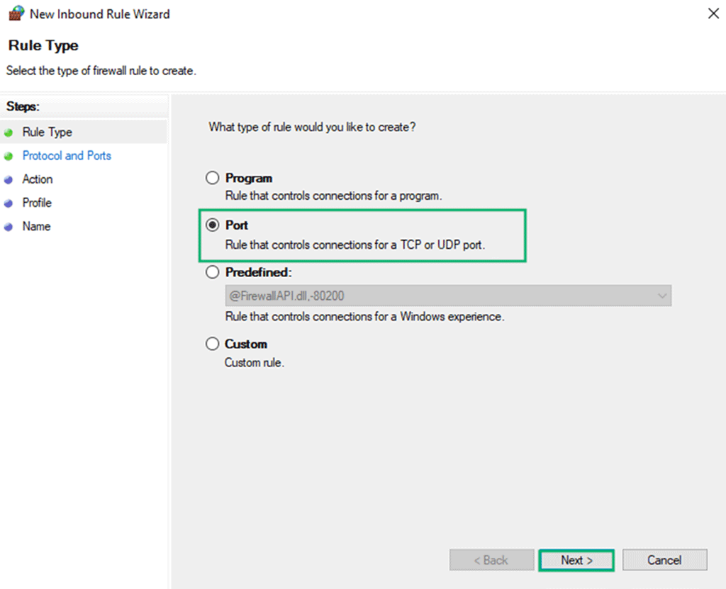 An example of how to specify the type of inbound rule to set