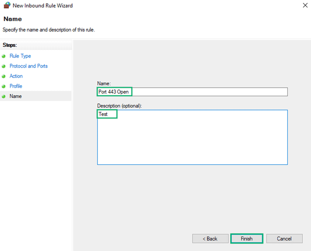 An example showing how to open 443 port by specifying it in the Inbound Rules Wizard in Windows 10.