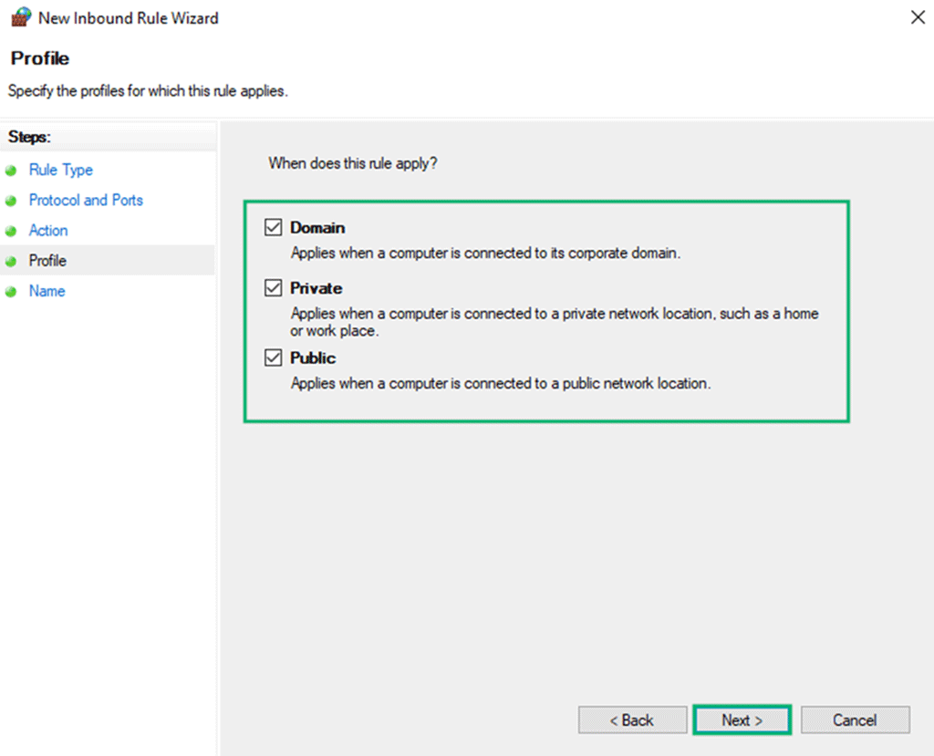 Screenshot showing part of the process for how to open 443 port: Specify which profile(s) the new rule will apply to.