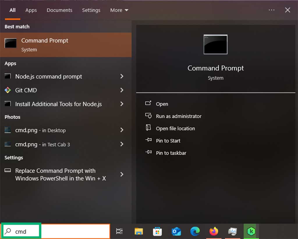 A screenshot demonstrating how to run the Command Prompt (CMD) in Windows 10
