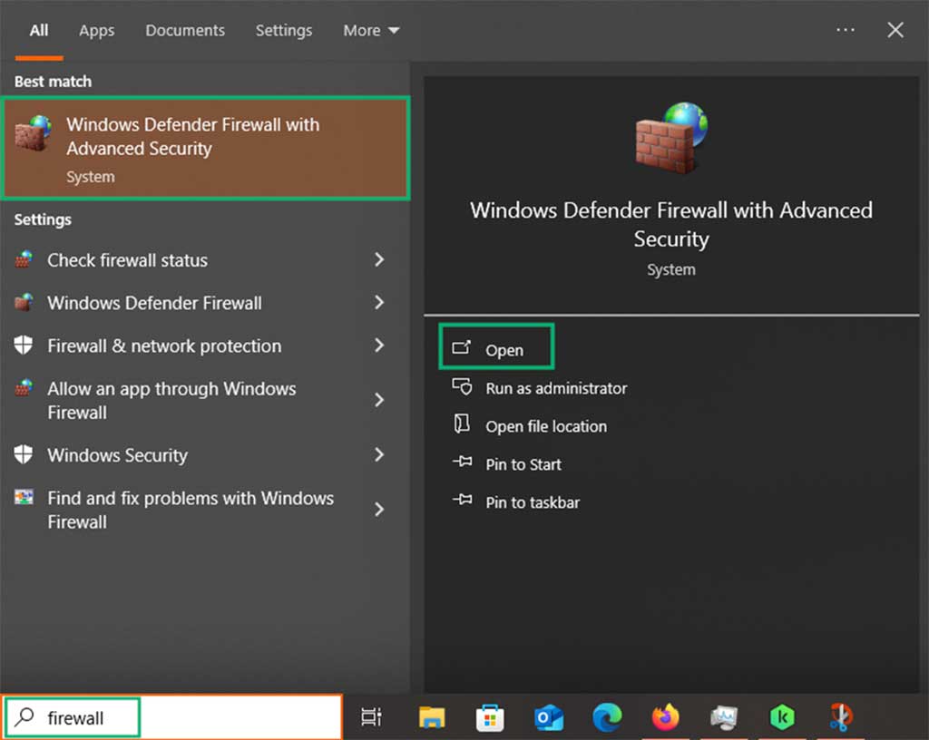 An example showing how to open Windows Defender Firewall in Windows 10