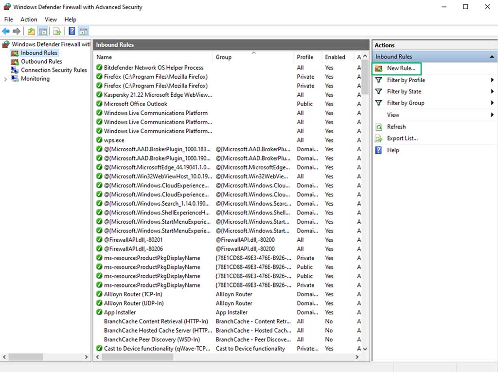 An example where to add a new inbound rule in Windows Defender Firewall
