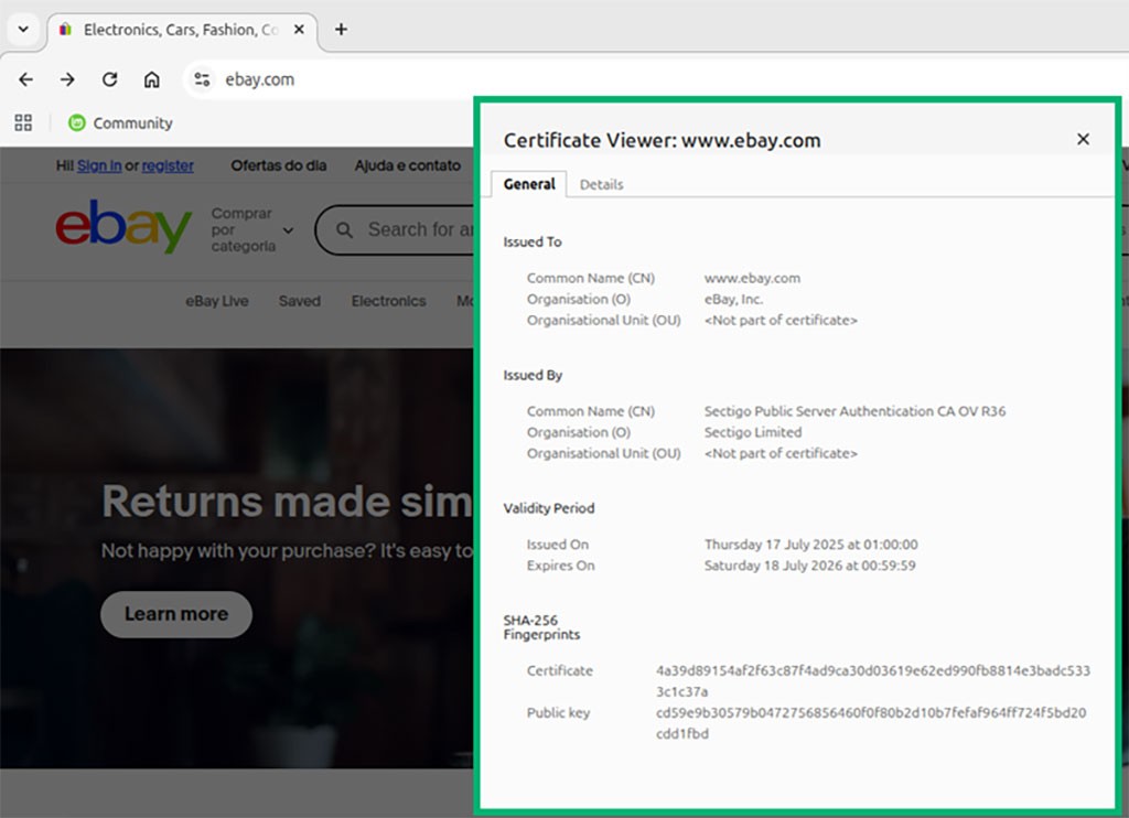An example of a SSL/TLS certificate that's being used for PKI server authentication and to enable public key cryptography on eBay.com