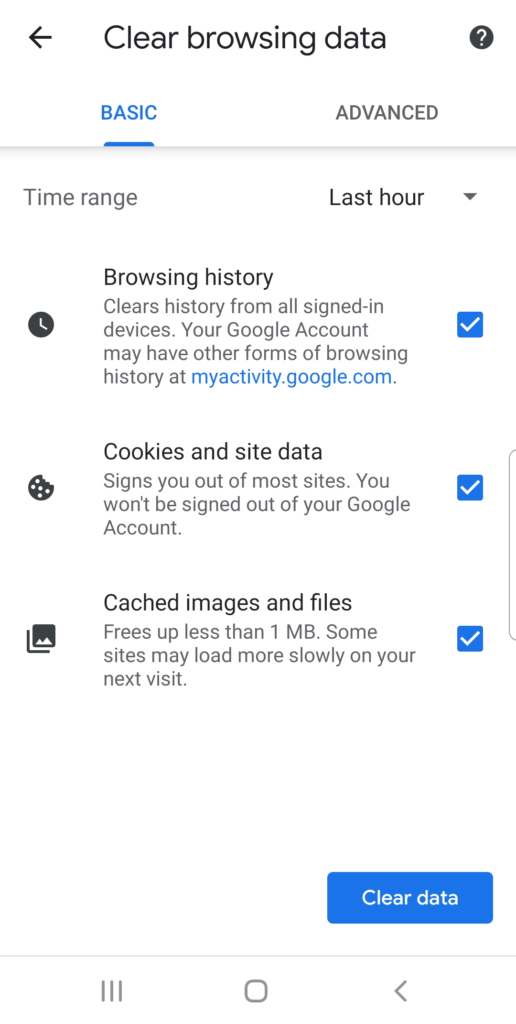 Screenshot of browsing data settings on an Android device