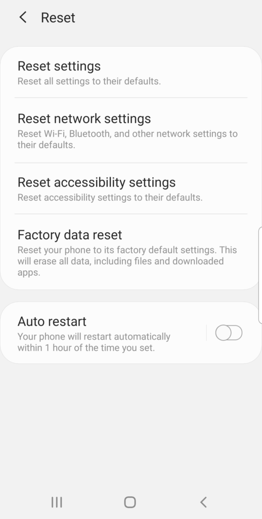 Screenshot of reset settings on an Android device