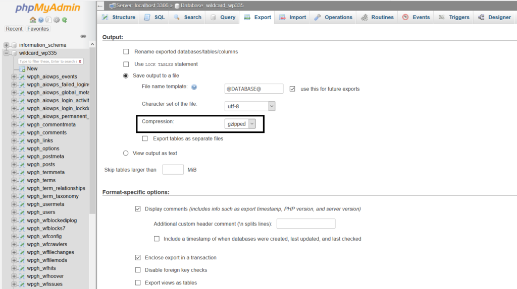 phpmyadmin output compression option