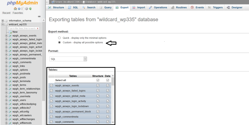 phpmyadmin exporting table