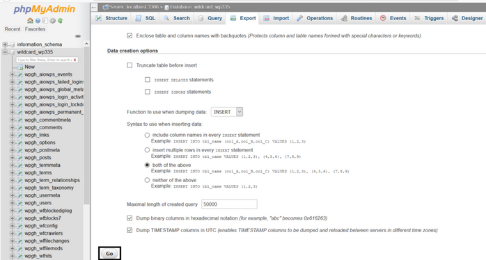 phpmyadmin database creation