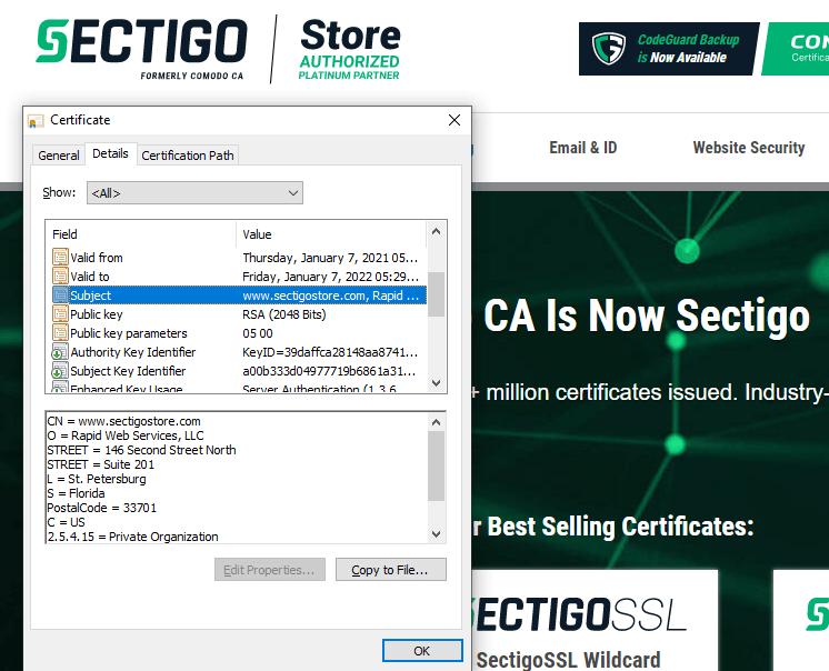 sectigostore website certificate information